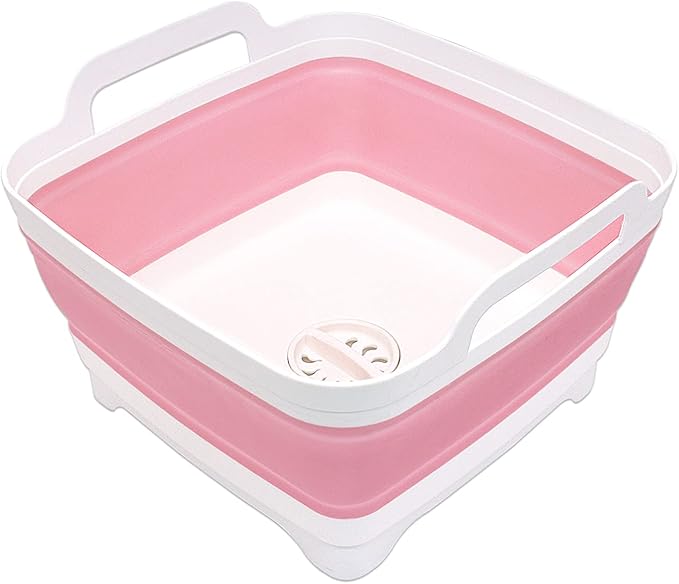 2.4 Gal(9L) Collapsible Dish Basin with Drain Plug, Space Saving Outdoor Multiuse Foldable Sink Tub, Dishpan, Kitchen Storage Tray for Camping, Vegetable Washing, RV (Pink)-NeatNest