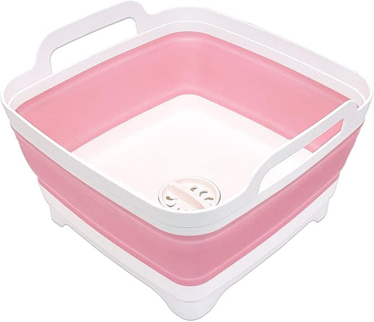 2.4 Gal(9L) Collapsible Dish Basin with Drain Plug, Space Saving Outdoor Multiuse Foldable Sink Tub, Dishpan, Kitchen Storage Tray for Camping, Vegetable Washing, RV (Pink)-NeatNest