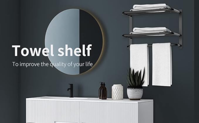 22.8Inch Towel Rack for Bathroom and Lavatory Towel Hanger with Wall Mount Towel Bars 304 Stainless Steel No Drill Tower Holder Shelf (3 Layers Black Towel Rack)
