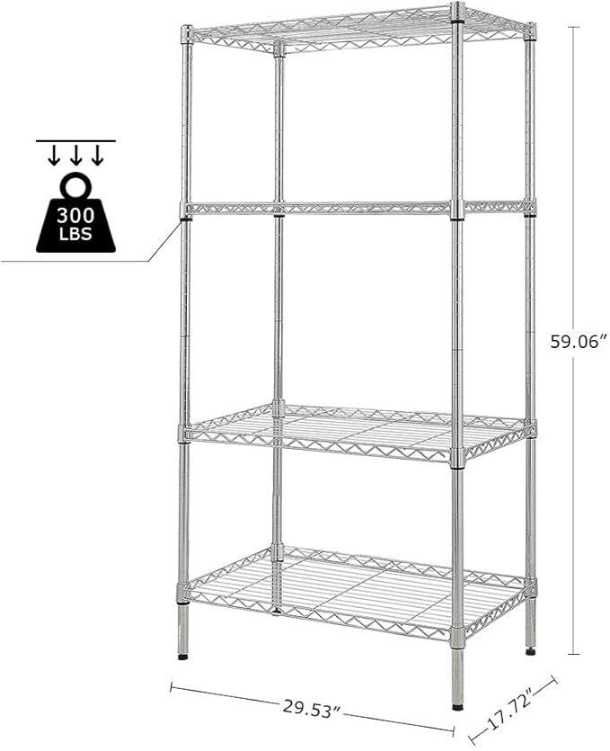 BNSPLY 4 Tier Wire Shelving Unit, Height Adjustable Wire Shelves with 1200 LBS Capacity, NSF Metal Storage Rack for Laundry, Kitchen, Bathroom, Pantry, Closet (18" D x 29.5" W x 59" H, Chrome)-NeatNest