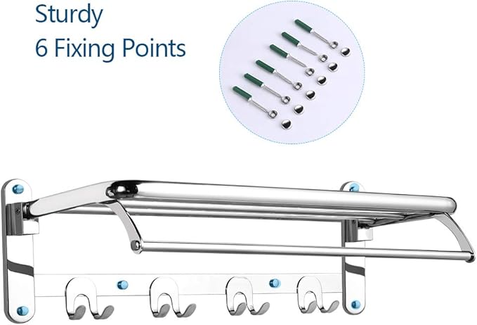 HOONEX Foldable Towel Rack for Bathroom Wall Mounted, 24 Inch Towel Shelf with Towel Hooks and Adjustable Towel Bar, 304 Stainless Towel Holder, Polished Silver