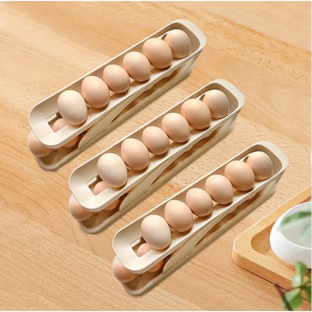 Generic Egg Dispenser for Refrigerator or Kitchen Countertop, Automatic Roll Down Egg Storage for Fridge, Space Saving Gravity Fed Egg Holder and Organizer Tray (Beige/Off White)