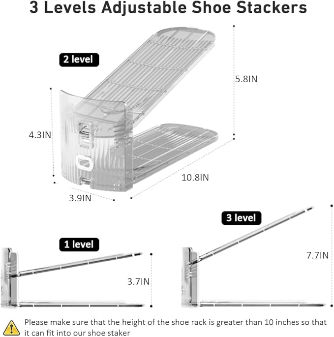 12 Pack Clear Shoe Slots Organizer - Adjustable Height 3.7''to 7.7'' Shoe stackers for a pair of shoes ,Shoe rack storage shoe space saver 50%,Easy to assemble shoe hold shoe organizer for cloest-NeatNest