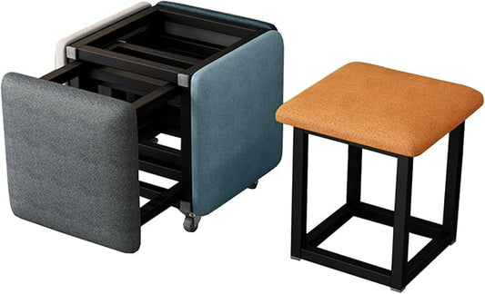 5 in 1 Nesting Ottoman Pouf Cube Chair Stackable Sofa Chair Pouf Stool Nesting Ottoman Stool with Wheels, Space-Saving Metal Frame Foot Rest for Living Room, Dining Room, Bedroom, Small Spaces