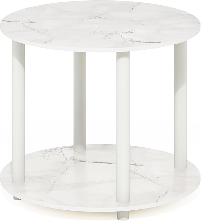 Furinno Turn-N-Tube Simple Design 2-Tier Round Wooden Small Coffee Table, Marble White-NeatNest