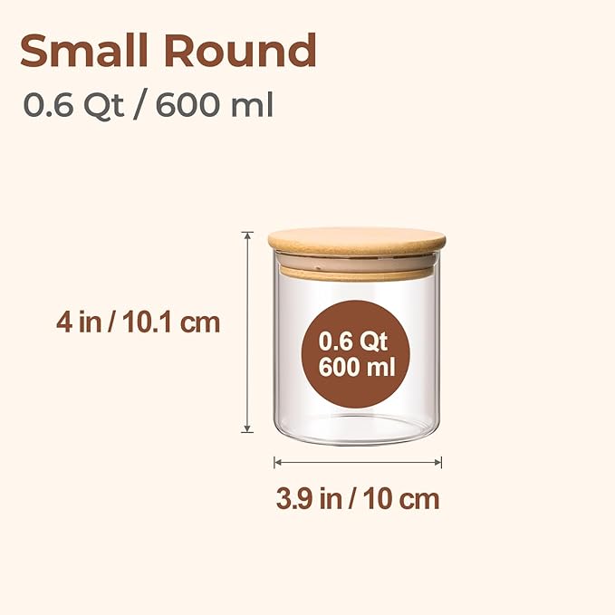 ComSaf Airtight Glass Food Storage Jars Set of 6, 0.6 Qt Clear Glass Food Storage Container with Sealing Wooden Lid, Stackable Spice Jar, Round Kitchen Canister for Sugar, Tea, Coffee bean, Pasta, Oat-NeatNest
