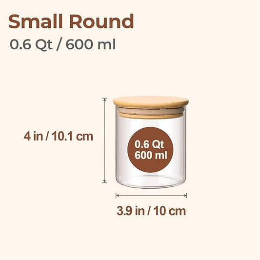 ComSaf Airtight Glass Food Storage Jars Set of 6, 0.6 Qt Clear Glass Food Storage Container with Sealing Wooden Lid, Stackable Spice Jar, Round Kitchen Canister for Sugar, Tea, Coffee bean, Pasta, Oat-NeatNest