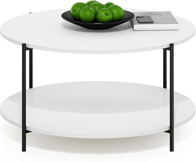 Furinno Besi 2-Tier Modern Round Coffee Table Table with Sturdy Metal Legs, White/Black-NeatNest