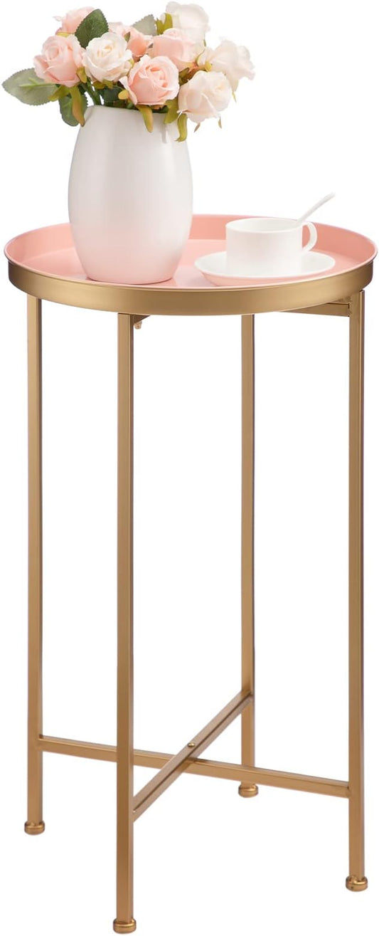 HollyHOME Small Round Metal End Table, Accent Indoor&Outdoor Coffee Side Table, Snack Sofa Table for Living Room, Anti-Rust Decorative Plant Stand, (D) 14.5" x(H) 25", Gold&Pink-NeatNest