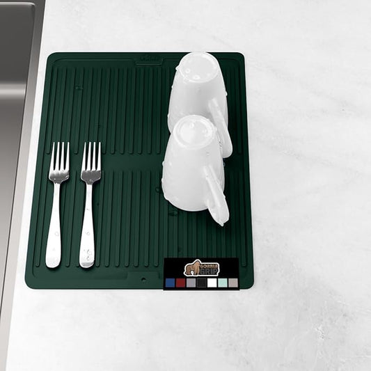 GORILLA GRIP 100% BPA-Free Silicone Dish Drying Mat for Kitchen Counter, Quick Dry, Water Catching Ribbed Design, Easy Clean Waterproof Sink Liner, Heat Resistant, Fits Under Rack, 13x11, Hunter Green