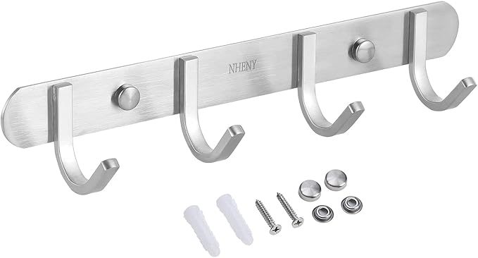 Coat hook Wall Mount - NHENY Towel hook Rack with 4 Hooks 11-inch hanger for Hanging Clothes, Bags, Keys, Easy to Install Rail for Bedroom, Bathroom, Entryway, Door, 304 Stainless Steel Brushed Nickel-NeatNest