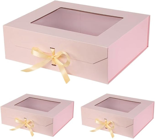 3 Pcs Extra Large Pink Gift Box for Presents with Ribbon 19x16x6 Inches Clear Gift Box with Window Magnetic Closure Gift Boxes with Lids-NeatNest