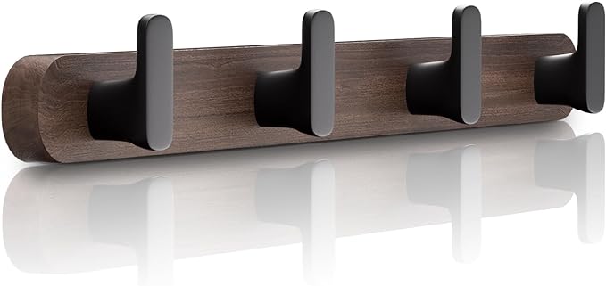 Coat Rack Wall Mount，Solid Walnut Wall Mounted Coat Rack with 4 Heavy Duty Wall Hooks for Hanging Coats，Backpacks，Towels，etc. Coat Hooks Wall Mount for Entryway, Bathroom,etc, Walnut+Black-NeatNest