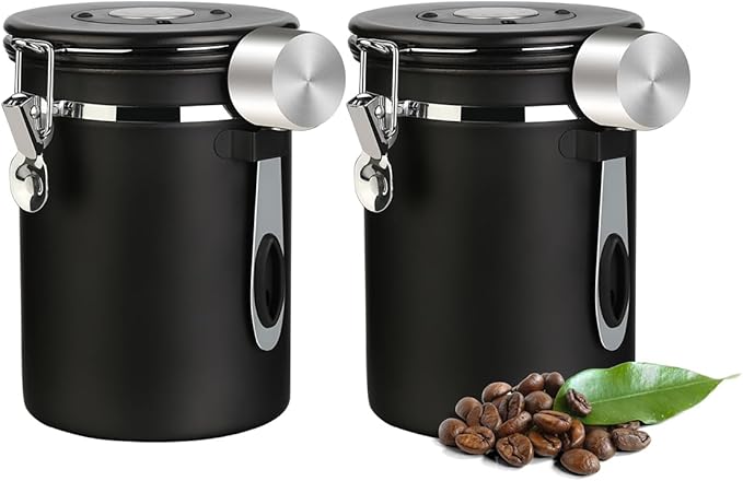 Coffee Canister Airtight Coffee Storage Container Stainless Steel Air Tight Coffee Jar with Scoop, Date Tracker and CO2 Release Valve for Beans, Ground, Tea, Flour, Cereal and Sugar (2pcs-Black-1.8L)-NeatNest