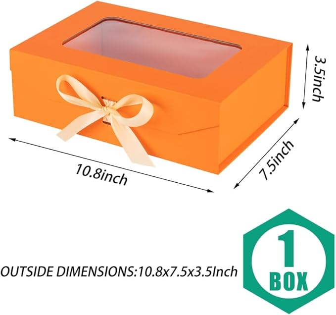 5 Pcs Orange Gift Box for Presents with Ribbon 10.8x7.5x3.5 Inches Clear Gift Box with Window Magnetic Closure Gift Boxes with Lids-NeatNest