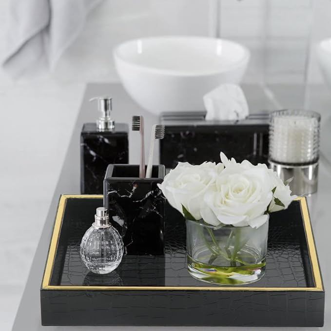 HofferRuffer Faux Leather Vanity Tray, Elegant Desktop Storage Organizer, Decorative Catchall Perfume Tray, Bathroom Valet or Nightstand Dresser Organizer (Black Croco)-NeatNest