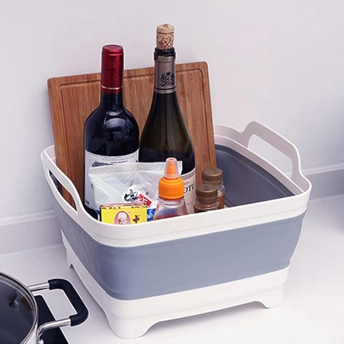 2.4 Gal(9L) Collapsible Dish Basin with Drain Plug, Space Saving Outdoor Multiuse Foldable Sink Tub, Dishpan, Kitchen Storage Tray for Camping, Vegetable Washing, RV (Gray)-NeatNest