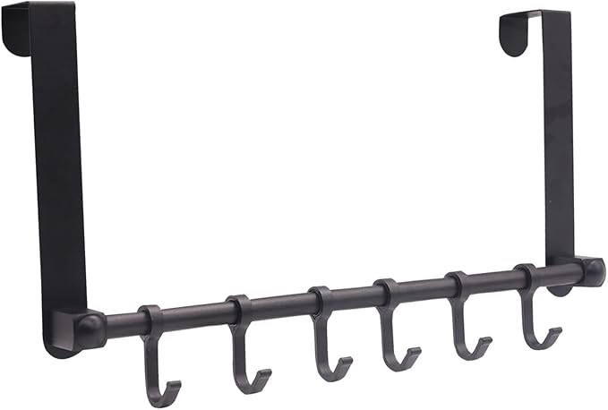 Over The Door Hooks Door Hanger, Moving 6-Hooks Over Door Coat Rack for Hanging, Aluminum Heavy Duty Door Organizer for Towel Robe Hat Bag, Behind Back of Door Bathroom (Black)