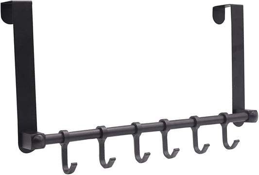 Over The Door Hooks Door Hanger, Moving 6-Hooks Over Door Coat Rack for Hanging, Aluminum Heavy Duty Door Organizer for Towel Robe Hat Bag, Behind Back of Door Bathroom (Black)