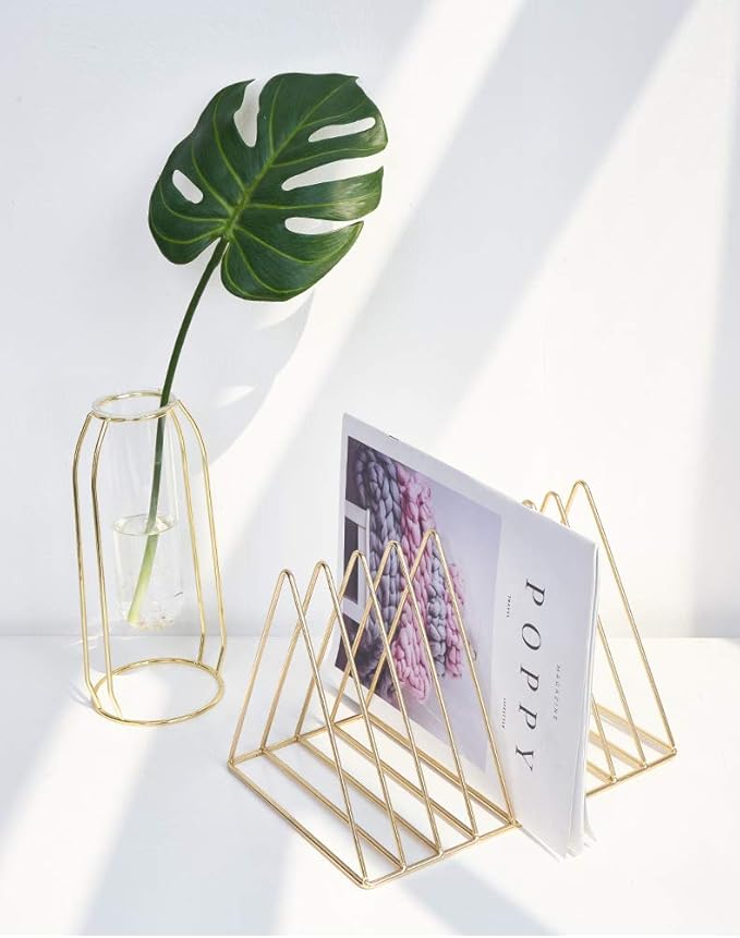 Gold Metal Vinyl Record Holder,Vertical Record Player Holder,File Organizer for Desk,Desktop File Sorters,Paper Organizer and Record Holder Stand,Triangle Upright 9 Lattice Vinyl Rack Stand,1Pack