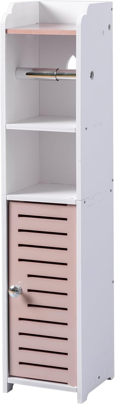 AOJEZOR Toilet Paper Holder Stand: Small Bathroom Storage Cabinet - Pinkish Rose - White-NeatNest