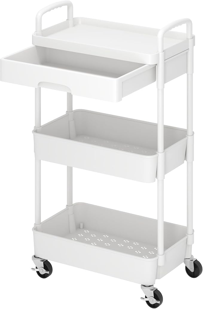 Dttwacoyh 3-Tier Rolling Cart，Trolley with Drawer, Multifunctional Storage Organizer with Plastic Shelf & Metal Wheels, Kitchen Storage Cart for Living Room, Kitchen, Office, Bathroom, White