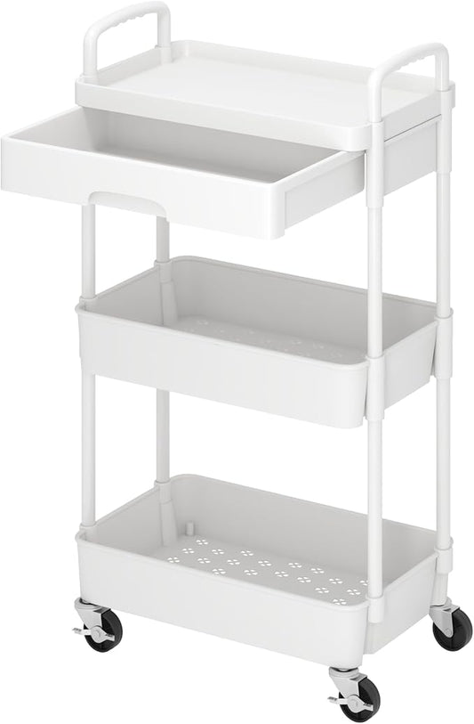 Dttwacoyh 3-Tier Rolling Cart，Trolley with Drawer, Multifunctional Storage Organizer with Plastic Shelf & Metal Wheels, Kitchen Storage Cart for Living Room, Kitchen, Office, Bathroom, White