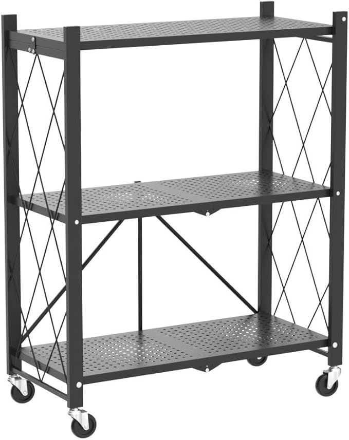 DEANIC 3 Tier Foldable Storage Shelves with Wheels, Kitchen Appliance Stand, Freestanding Metal Wire Shelf Rack, No Assembly Organizer Rolling Cart for Garage, Basement, Pantry(Black)