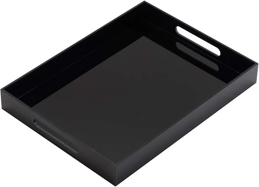 Glossy Black Sturdy Acrylic Serving Tray with Handles - 10x15 Inch, Coffee, Appetizer, Breakfast Tray - Butler, Kitchen to Vanity Table, Decorative-NeatNest