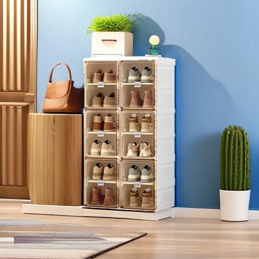 ANTBOX Shoe Organizer Storage Box, Portable Folding Shoe Rack For Closet With Magnetic Clear Door,Large Sneaker Cabinet Bins Sturdy Easy Assembly 6 Layers-12 Grids-NeatNest
