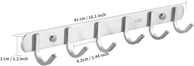 Coat Hook Wall Mount - NHENY Towel Rack with 6 Hooks Hanger for Hanging Clothes, Bags, Keys, and Towels Bathroom, Entryway, Door, 304 Stainless Steel Brushed Nickel-NeatNest