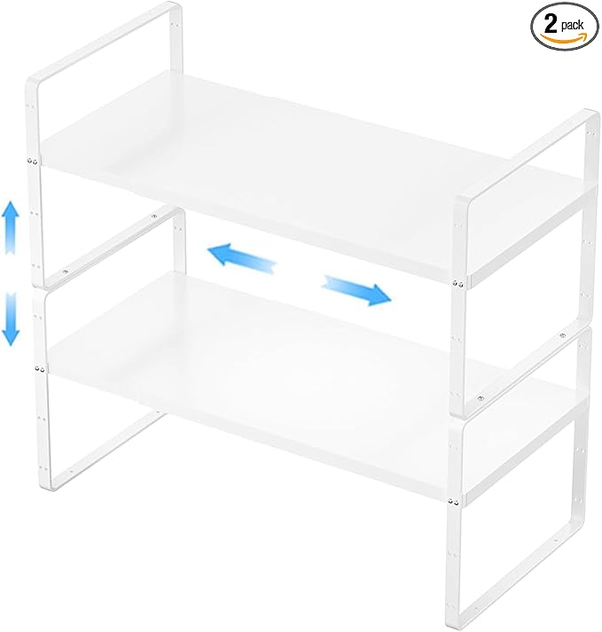 Expandable Kitchen Cabinet Shelf Organizers 2 Pack, Stackable Metal Pantry Storage Shelves Rack, Adjustable Counter Shelf for Cabinets, Countertop, Cupboard Organizers and Storage, White-NeatNest