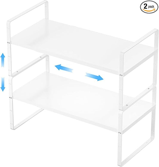 Expandable Kitchen Cabinet Shelf Organizers 2 Pack, Stackable Metal Pantry Storage Shelves Rack, Adjustable Counter Shelf for Cabinets, Countertop, Cupboard Organizers and Storage, White-NeatNest
