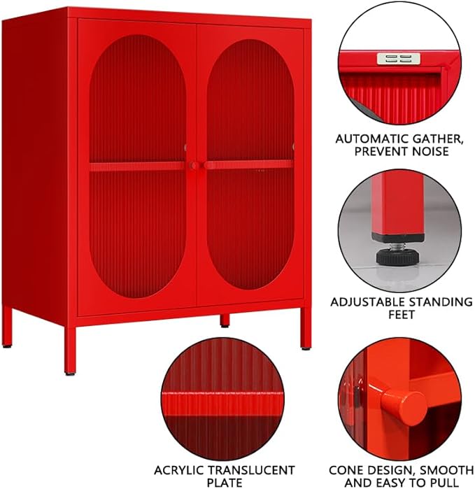 2 Doors Locker Metal Storage Cabinet, Buffet Cabinet with Glass Doors, Freestanding Metal Sideboard for Small Spaces, Living Room, Dining Room, Entryway (Buffet Cabinet, Red)