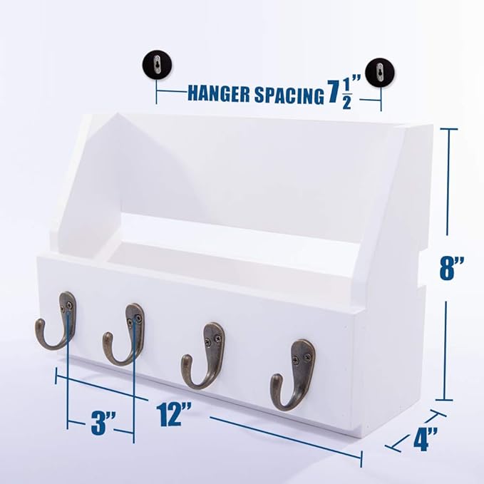 Flintar Wall Mounted Key and Mail Holder with 4 Hooks. Made of Solid Wood. Use as Key Rack, Entryway or Mudroom Organizer, Mail Sorter, Magazine Holder, Bill Sorter, Rustic Home Décor (White)