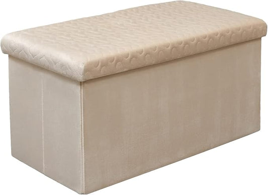 B FSOBEIIALEO Foldable Velvet Ottoman Bench - Beige Storage Cube with 80L Capacity, Multi-Functional Footstool for Bedroom (30x15x15 Inches)