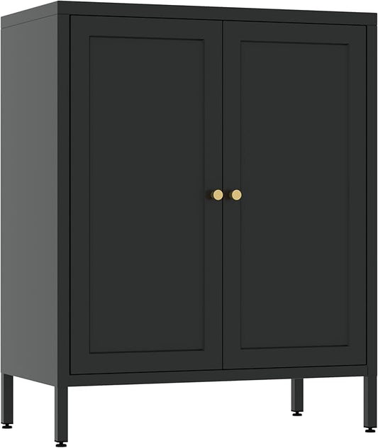 2 Door Metal Accent Cabinet, Small Sideboard, Locker Style Accent Storage Cabinet with Doors and Adjustable Shelves for Home, Office, Living Room, Kitchens (Square Door, Black)