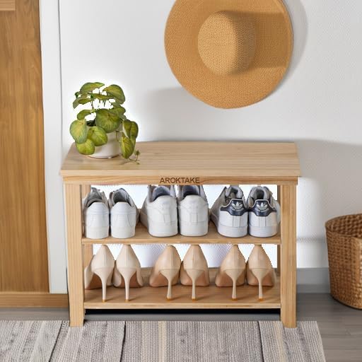 Small Shoe Rack Bench, Wooden Shoe entryway Bench, Shoe Organizer for Hallway, Living Room(Natural, 23.62”)-NeatNest