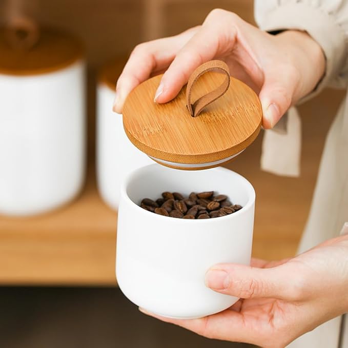 Ceramic Storage Jars, Modern Elegant Highly Polished Airtight Gorgeous Storage Canisters with Wooden Lid Small Food Stroage Jar for Kitchen Spice Tea Vanilla Sugar Coffee Beans (White medium)-NeatNest