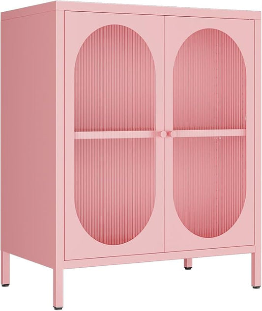 2 Doors Locker Metal Storage Cabinet, Buffet Cabinet with Glass Doors, Freestanding Metal Sideboard for Small Spaces, Living Room, Dining Room, Entryway (Buffet Cabinet, Pink)