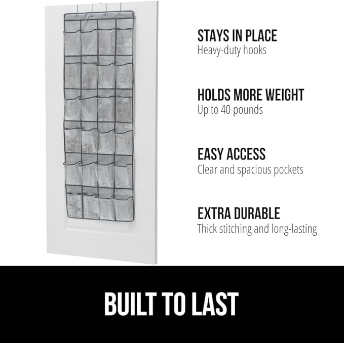 GORILLA GRIP Over the Door Shoe Organizer, 24 Large Breathable PVC Pockets, Space Saving Hanging Storage Holder, Closet Rack Hanger Holds Up to 40 lbs, Hangs on Closets for Shoes 2 Pack, Gray-NeatNest