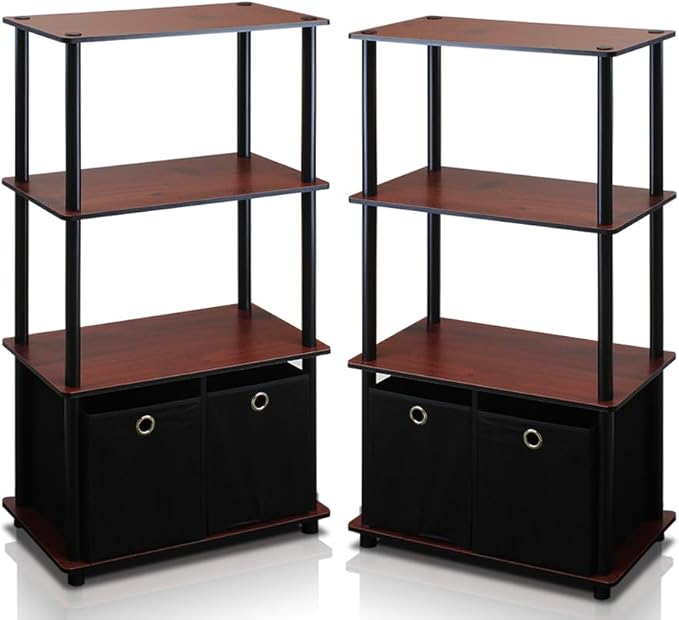 Furinno Go Green 4-Tier Multipurpose Storage Shelf with Bins, Set of 2, Dark Cherry-NeatNest
