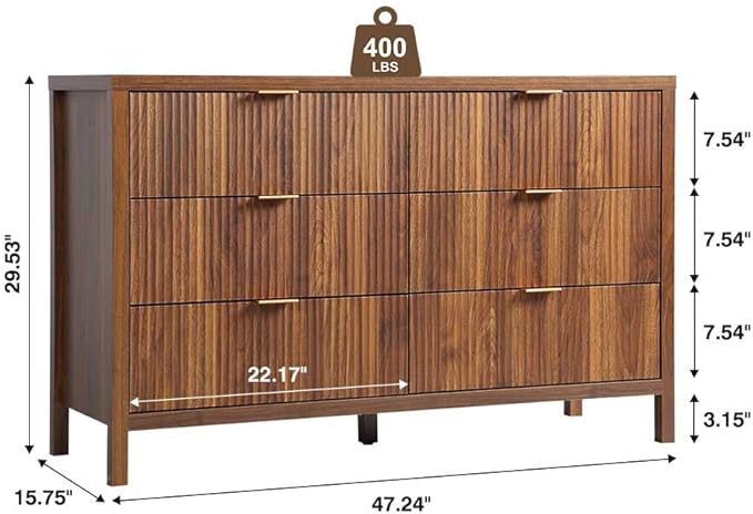 6 Drawer Dresser Cabinet, Long Nightstand with Drawers and Storage Cabinet, Farmhouse Solid Wood Dresser TV Stand, Mid Century Modern Nightstand with 6 Drawer Side Table for Bedroom Closet (Walnut)
