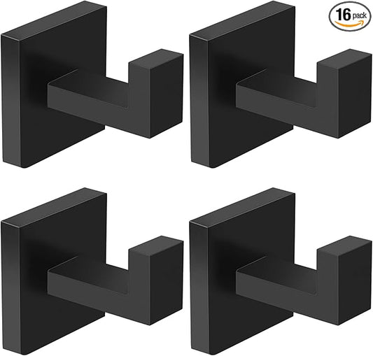 IBosins 16 Pack Towel Hooks Hand Towel Holder for Bathroom Wall Livingroom Bedroom Kitchen Closet Heavy Duty Stainless Steel Hook Hanger for Robe, Bath Towel, Coat (Square Matte Black)