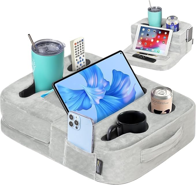 Couch Cup Holder Tray Pillow - Bed, Couch Caddy, Sofa, RV & Car - Holds Drinks, Snacks, Remotes, Phones, Kindle, Tablet | Bed Cup Holder (Grey)-NeatNest