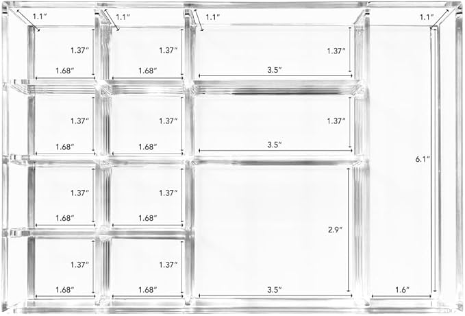 Isaac Jacobs 12-Compartment Clear Acrylic Drawer Organizer (9.4" L x 6.4" W x 1.3" H), Multi-Sectional Tray & Storage Solution for Makeup, School & Office Supplies, Bathroom, Kitchen-NeatNest
