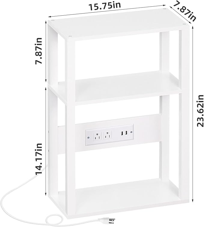 3-Tier Small Narrow Wood Side Table with Charging Station, Skinny Nightstand for Small Space, Slim Bedside Table with Storage for Couch, Thin End Table with USB Ports and Outlets, White