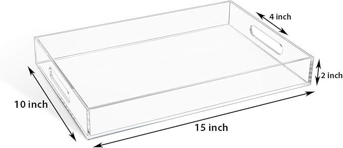 Clear Sturdy Acrylic Serving Tray with Handles-10x15Inch-Serving Coffee,Appetizer,Breakfast,Butler-Kitchen Countertop Tray-Makeup Drawer Organizer-Vanity Table Tray-Ottoman Tray-Decorative Tray-NeatNest