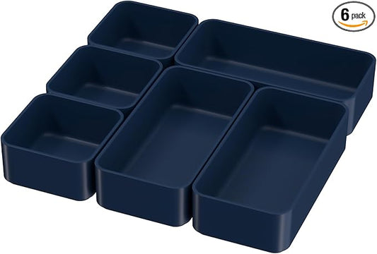 6 Pcs Stackable Drawer Organizer Set Desk Drawer Dividers, Bathroom Vanity Cosmetic Makeup Trays , Multipurpose Plastic Storage Bins for Jewelries, Kitchen Gadgets and Office Accessories, Blue-NeatNest