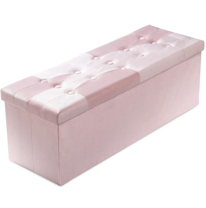 PRANDOM Jumbo Ottoman with Storage [1-Pack] Velvet Folding Small Square Foot Stool with Lid for Living Room Bedroom Coffee Table Dorm Pink 43x15x15 inches-NeatNest